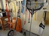 TruTemper wheelbarrow and assorted yard & garden hand tools.