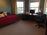 Custom window treatments, desk, monitor, chair, throw pillows, bed