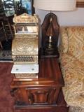National Cash Register, side table, hand made lamp