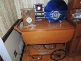 Vintage Tea Cart, Lionel lamp, Thomas Edison Museum radio, Crosley Deco style radio