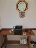 oak console table, Seth Thomas school house clock