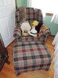 plaid chair and ottoman, vintage hats