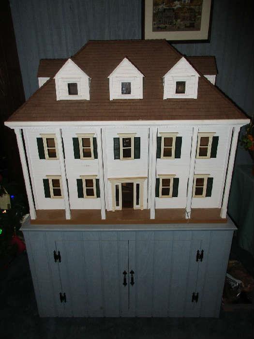 Wooden Dollhouse on Rolling Storage Cart