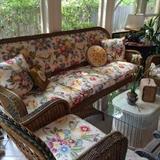 Fabulour antique wicker sofa & chair has matching rocker; white wicker/glass top table