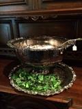 Silver plate punch bowl, ladle, and tray