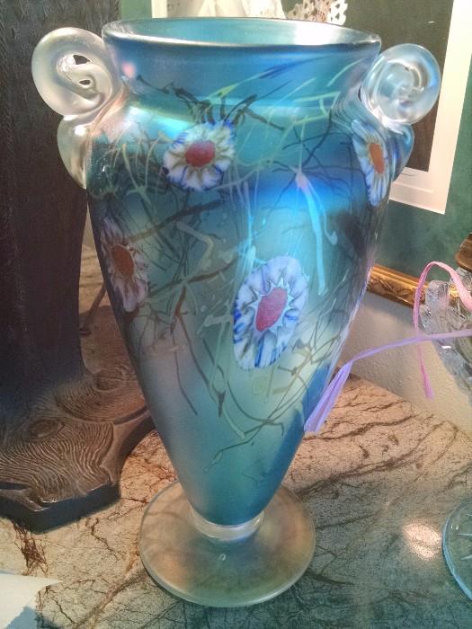 Italian hand blown art glass vase with applied satin handles.
