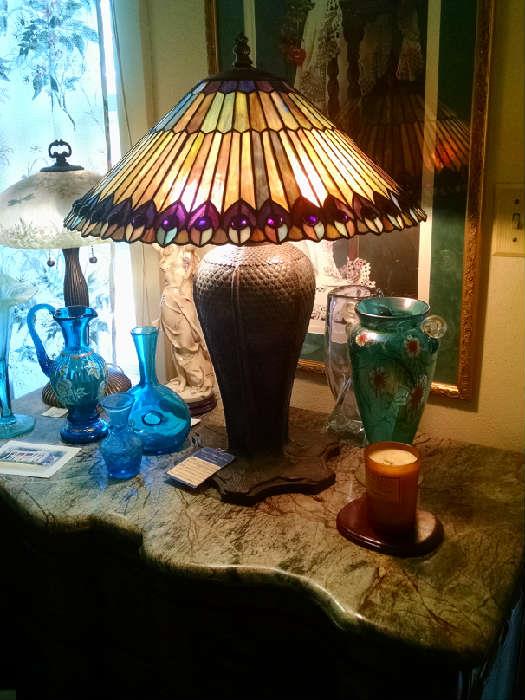 Quezal peacock Tiffany style lamp.