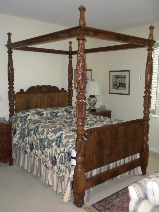 Beautiful Carved Four Poster Bed and Dresser from 1910 (from the home of Elizabeth Quinlan) along with an Original Watercolor by Local MN Artist Robert Koehler "Frugal Meal"
