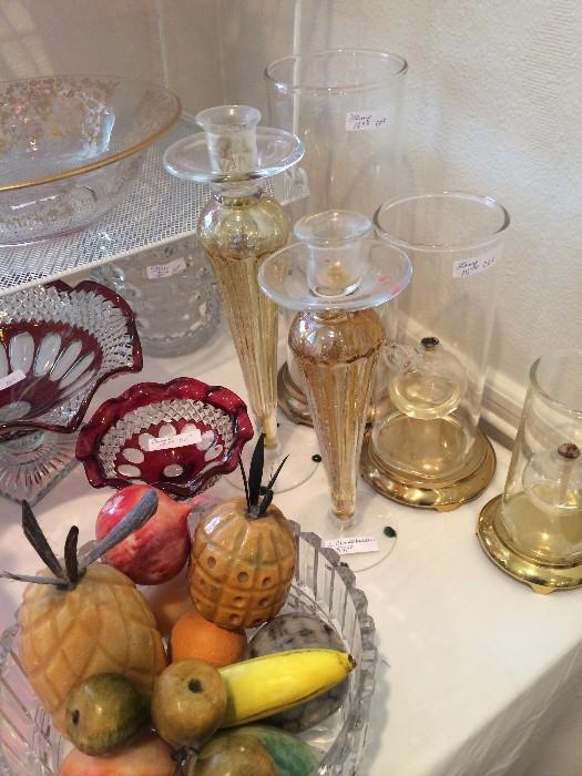Murano candle holders and other decorative items; assorted hard stone fruit