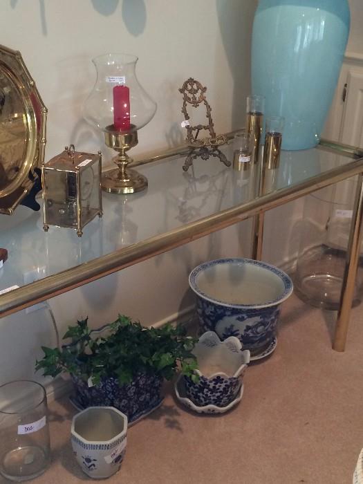 Brass & glass sofa table and other decor