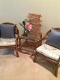Rattan glass top table and two chairs