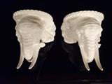PAIR ITALIAN CERAMIC ELEPHANT HEAD WALL SHELF BRACKETS, 1970's, WHITE FINISH, MARKED MADE IN ITALY