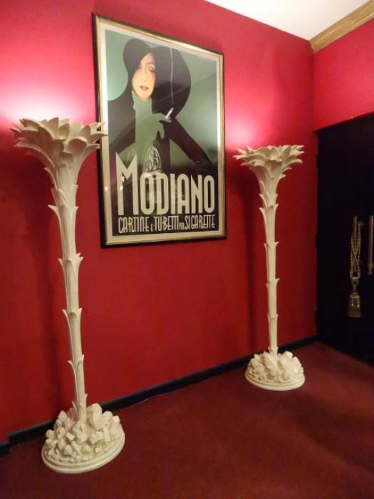 LARGE PALM TREE TORCHIERES, AFTER SERGE ROCHE, CIRCA 1970's, FIBERGLAS WITH OFF WHITE FINISH