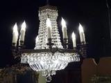 VINTAGE CRYSTAL AND BRONZE CHANDELIER, CRYSTAL SWAGS AND DROPS, 12 LIGHTS, 28"H
