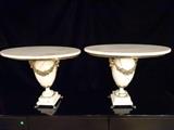 PAIR LOUIS XV STYLE MARBLE TABLES, URN STYLE MARBLE BASES WITH GILT BRONZE RAM'S HEADS AND GARLANDS, OVAL MARBLE TOPS