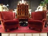 PAIR RED VENETIAN VELVET WING CHAIRS, EXCELLENT GENTLY USED CONDITION