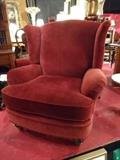 PAIR RED VENETIAN VELVET WING CHAIRS, EXCELLENT GENTLY USED CONDITION