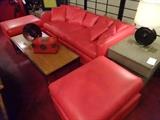3 PC 1970's RED NAUGAHYDE SOFA AND PAIR OTTOMANS