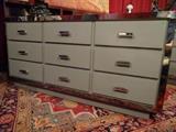 TWO 1970's CHROME AND GRAY MICA DRESSERS, LUCITE HANDLES, 9 DRAWERS, SOLD SEPARATELY