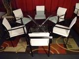 6 1970's METAL AND WHITE VINYL ARMCHAIRS, BLACK FINISH METAL FRAMES AND WOVEN WHITE VINYL UPHOLSTERY