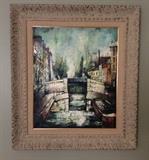 Oil painting on canvas by T. Cordier of Canal S. Martin (Paris), framed size 31" x 35"