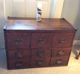 Antique oak card catalog by "Y and E" - it comes apart like a stacking barrister's bookcase (Pledge can for scale)