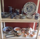 Blue & white Asian ceramics, Blue Danube chop plate.  Lower shelf: Turkish bowl, German lustreware tea set 