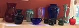 Colorful glass vases, cobalt glass bowl, Dansk green glass votive holders, glass apple.