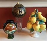 Gouda style vase, decorated gourd, ceramic Capodimonte lemon centerpiece (Italy)