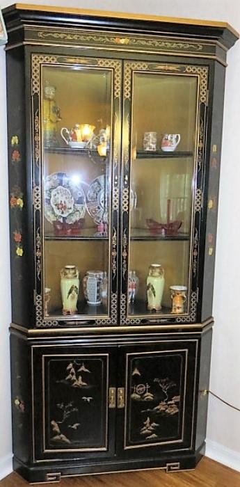 Black Lacquer Oriental Lighted Corner Curio Cabinet