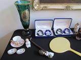 Very vintage - German pipe, mirror, vase.  Baccarat paperweights.