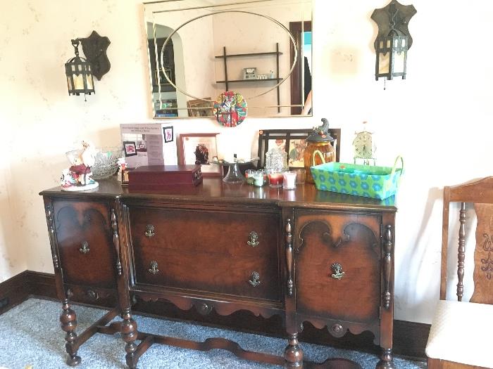 Gorgeous antique buffet table, china cabinet and dining table, sold as a set with 3 original chairs and 4 additional chairs