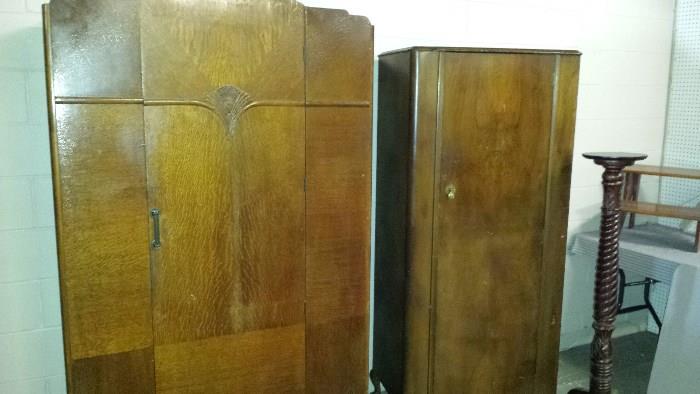 Much furniture. Vintage wardrobes, 7 pcs. dining room set and matching china cabinet, glass front bookcase, entertainment center, sofas and chairs, many pine, oak and walnut pieces