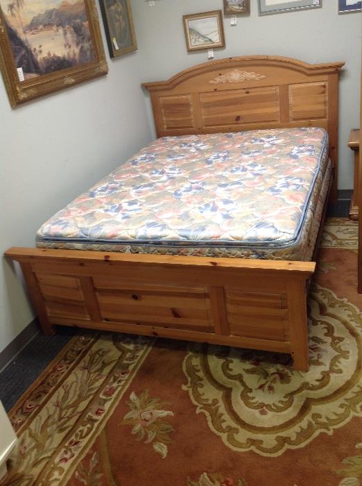 Broyhill Pine Queen Bed - Headboard, Foot Board, Side Rails & Slats w/ Complimentary Queen Size Mattresses