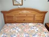 Broyhill Pine Queen Bed - Headboard, Foot Board, Side Rails & Slats w/ Complimentary Queen Size Mattresses - Headboard Detail