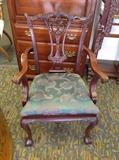 Ornate Carved Mahogany Green Upholstered Seat Arm Chair