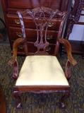 Ornate Carved Mahogany Cream Upholstered Seat Arm Chair