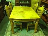 Pine Dining Room Table w/ One Leaf and Four Pine Upholstered Seat Dining Side Chairs