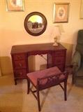 Mahogany Six-Drawer Vanity, Round Mirror, Mahogany Upholstered Seat Vanity Bench - All Sold Separately