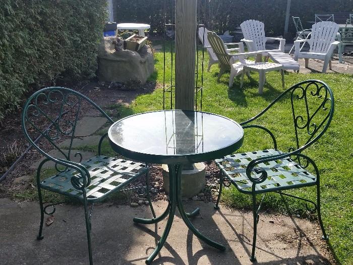 Metal & glass cafe table with 2 chairs
