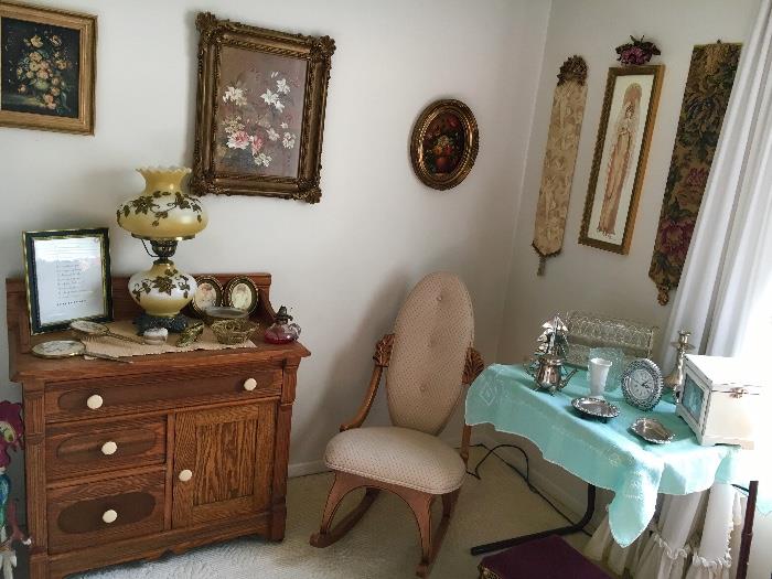 Very unusual rocker...with a darling vintage cabinet/ dresser! Filled with many vintage items..