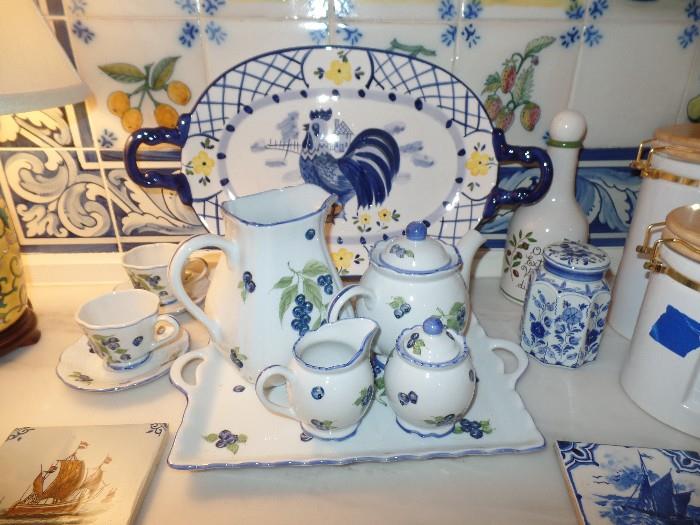 Tea set and rooster tray