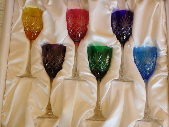6 Cut glass multicolored Faberge wine glasses 