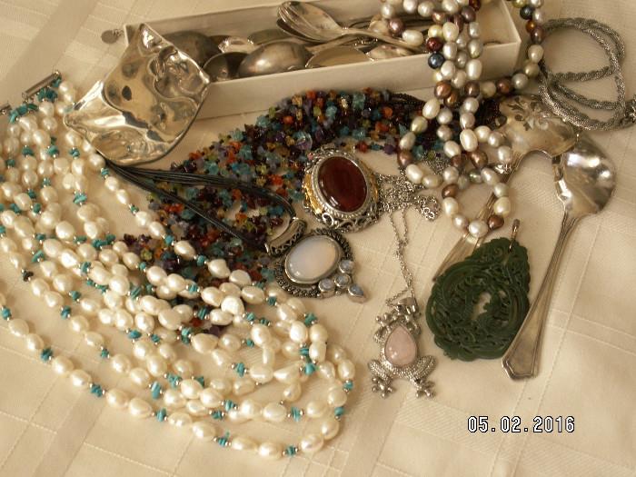 Sterling silver, jade, genuine pearls, semi precious stones