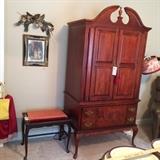 #20 Webb Queen Anne Leg Entertainment Center 38x23x77 $125
#38 Queen Anne Leg Bench with Orange Cushion $100 