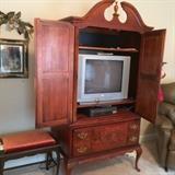#20 Webb Queen Anne Leg Entertainment Center 38x23x77 $125
#38 Queen Anne Leg Bench with Orange Cushion $100