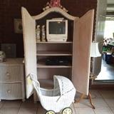 #15 White Wicker Armoire 31x19x69 $150
#14 White Wicker 2 Drawer Cabinet 22x20x31 $75
#55 White Wicker Stroller $75
