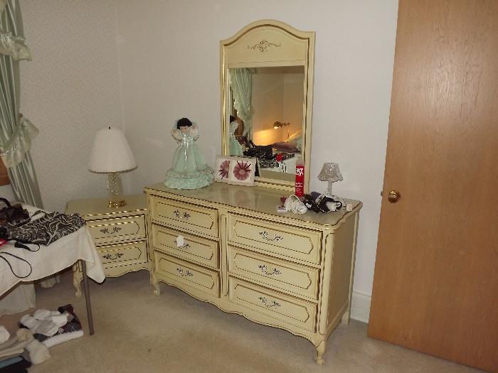 French Provincial dresser and mirror and nightstand, crystal table lamp