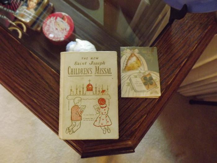The New Saint Joseph Children's Missal, vintage 4-leaf clover card for baby