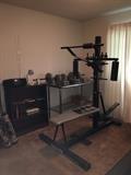 weight bench, chrome table, book shelf, area rugs, radio